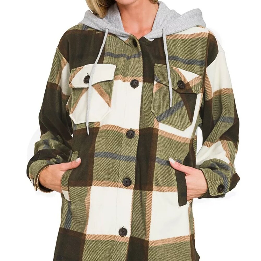 Zenana Plaid Drawstring Hooded Fleece Shacket‎